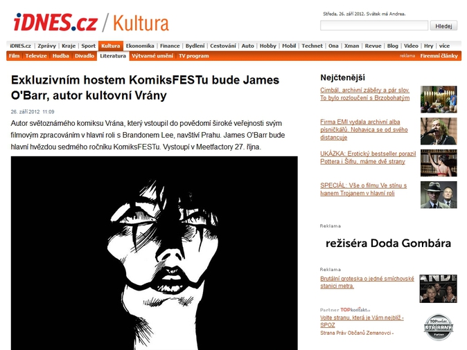 Exkluzivním hostem KomiksFESTu bude James O´Barr, autor kultovní Vrány