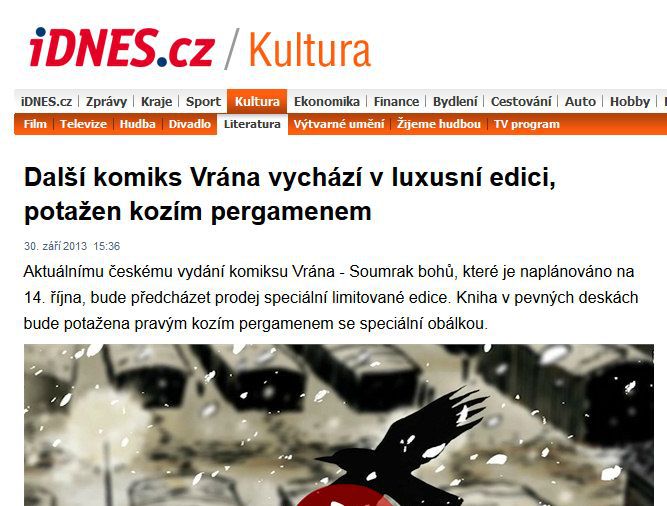 Další komiks Vrána vychází v luxusní edici, potažen kozím pergamenem