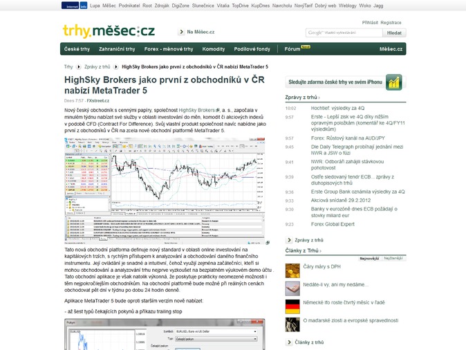 HighSky Brokers jako první z obchodníku v ČR nabízí MetaTrader 5